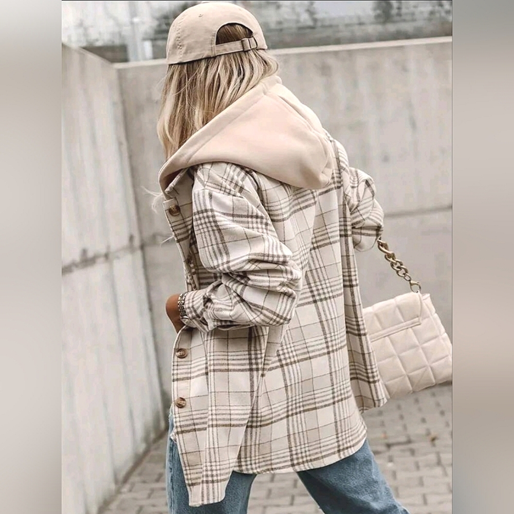 New Casual Plaid Button Down Hoodie Jacket Cream Tan Khaki White - Picture 2 of 6